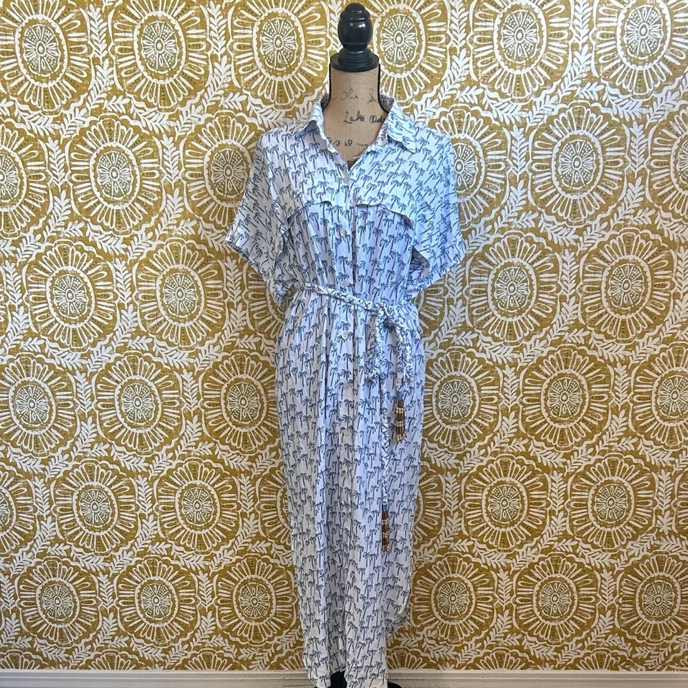 Skemo Palmerita Palm Print Short Sleeve Tie Waist Shirt Midi Dress White/Navy M - Picture 5 of 14